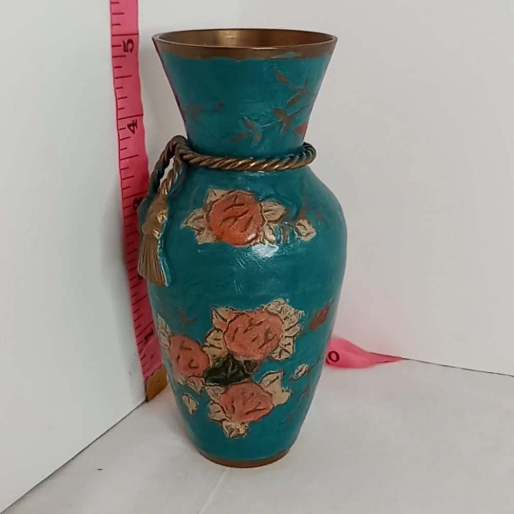 MCM Vintage Hand Painted Floral Brass Vase